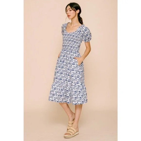 KOO DE KER Modest Floral Dress smocked bodice, & short sleeves Blue/White Size L - Picture 13 of 16